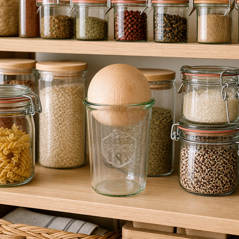 WECK RR100 Verre renversé de 850 ml avec boule en bois de hêtre dans la cuisine organisée entre les pots à épices et les boîtes de conservation