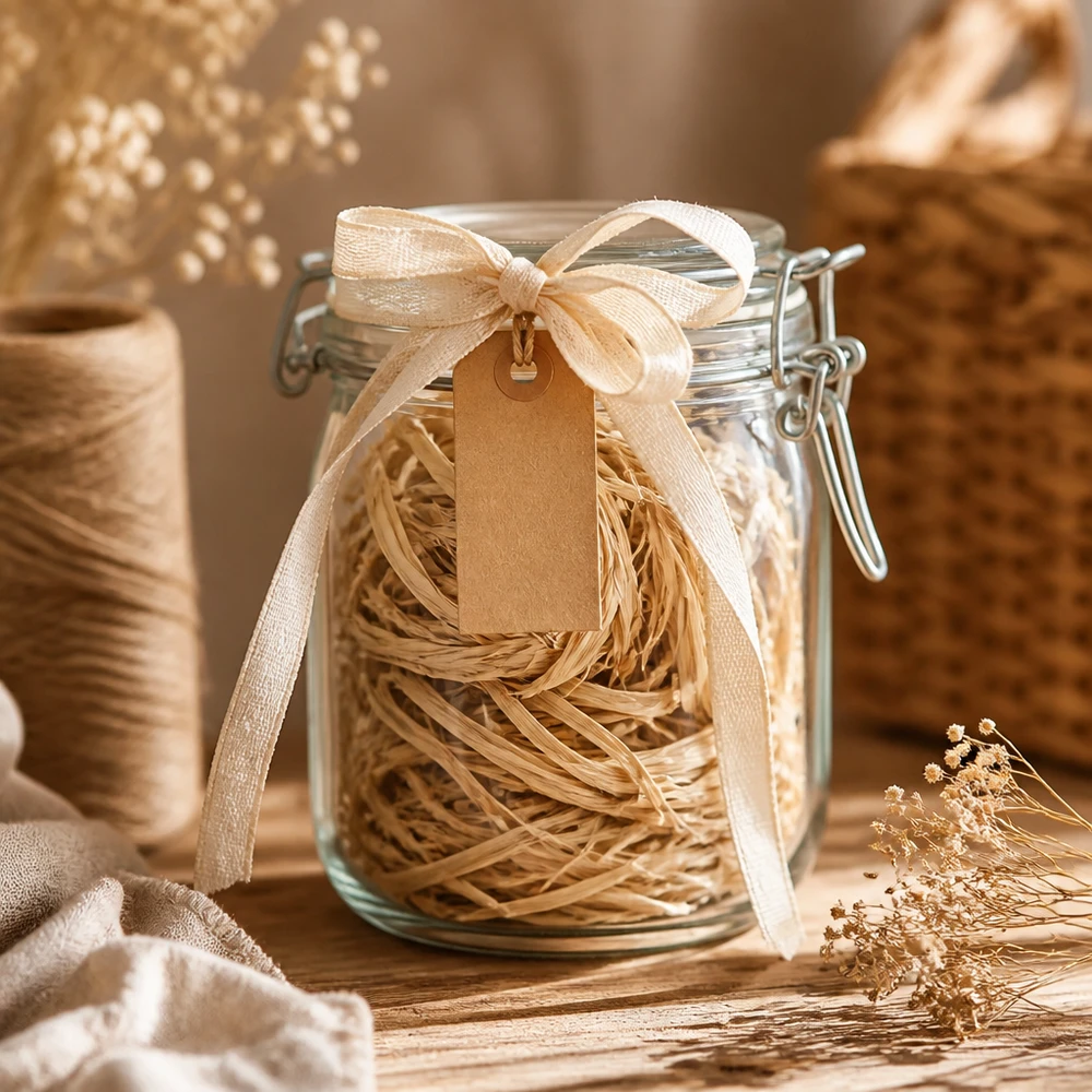 Raphia naturel 30g dans un bocal avec un ruban et une étiquette comme idée de cadeau pour des projets de bricolage et de décoration créatifs