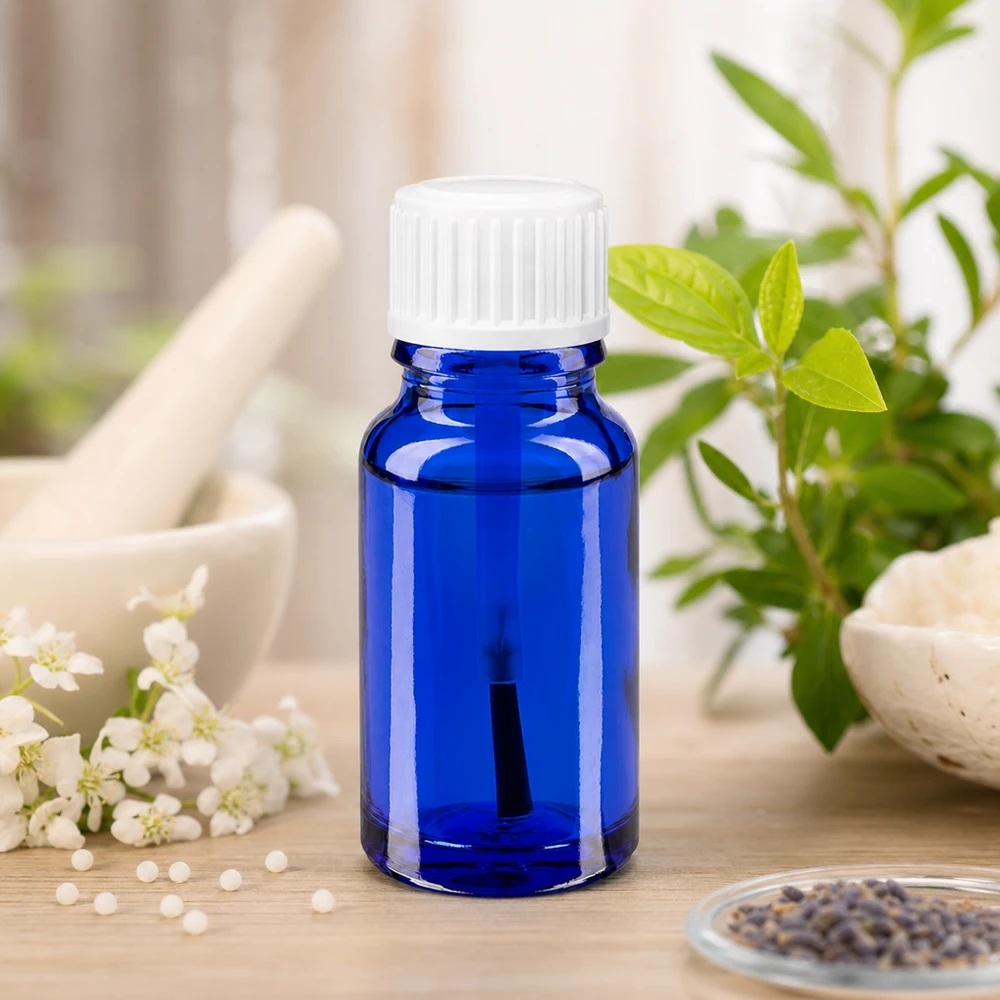Flacon en verre bleu de 10 ml avec un bouchon blanc, à côté d'herbes et de fleurs fraîches dans un cadre naturel