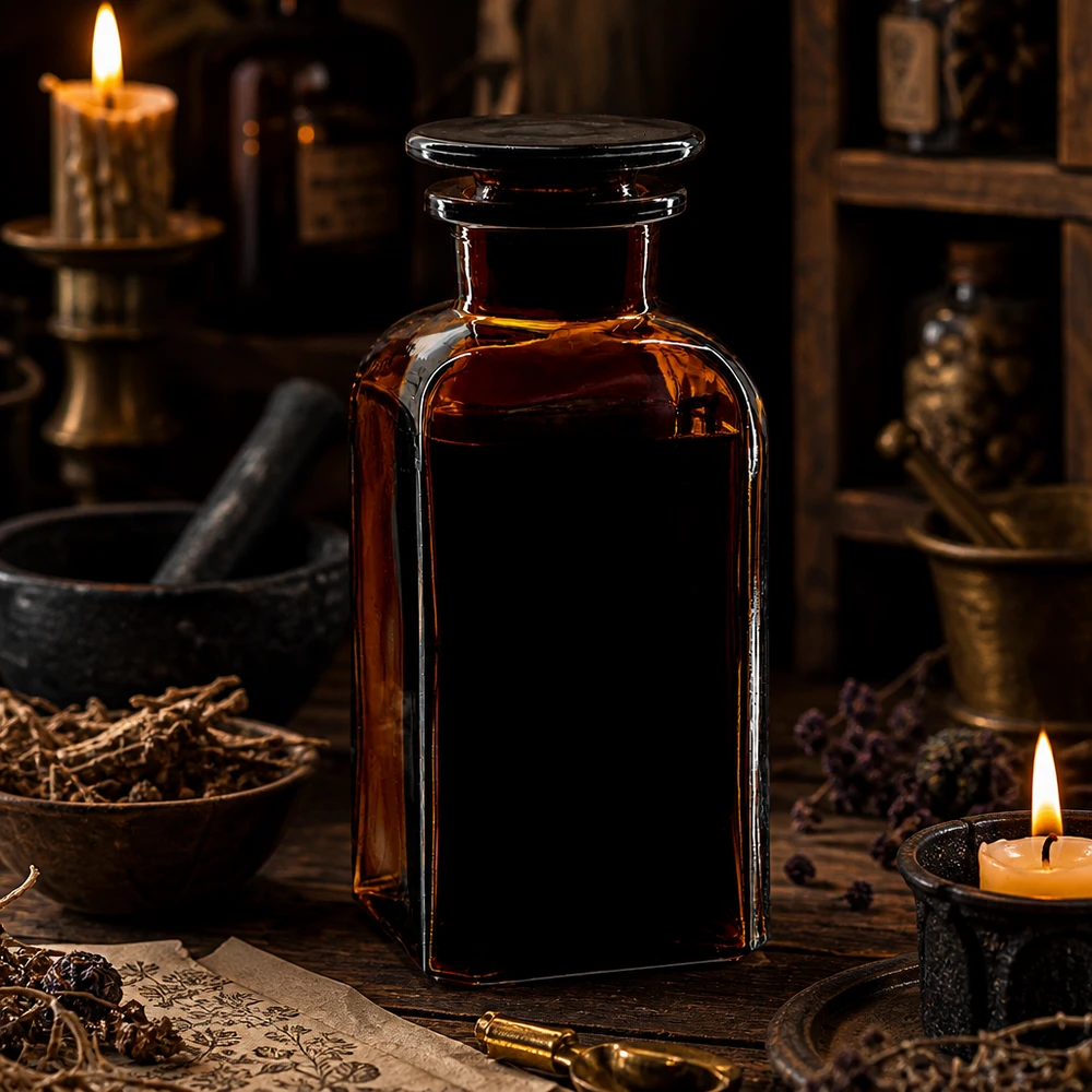 Flacon carré col large 350 ml + bouchon RIN, verre ambré Bouteille carrée classique de 350 ml, de couleur marron, avec un bouchon en verre, à la lueur des bougies d'une pharmacie