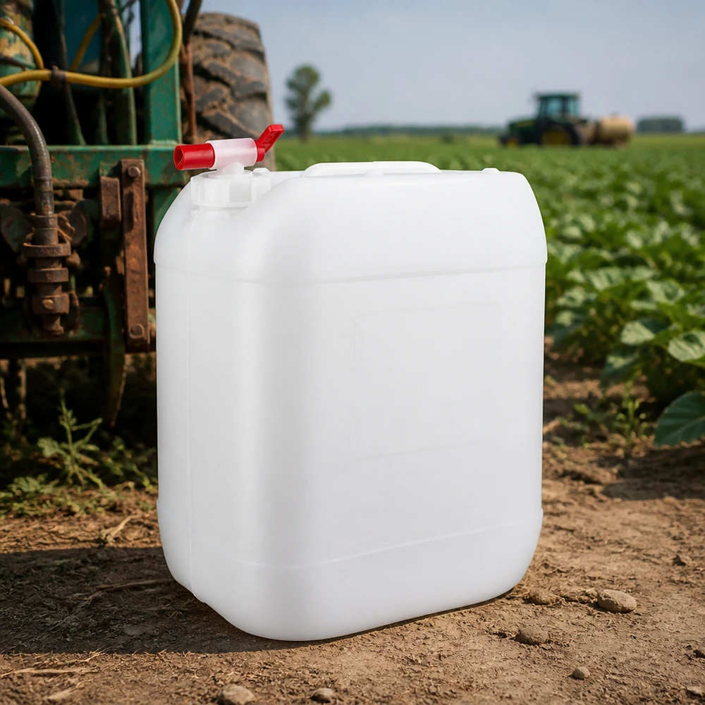 Bidon en plastique blanc de 20 litres muni d'un robinet rouge, dans un champ agricole à côté d'un tracteur