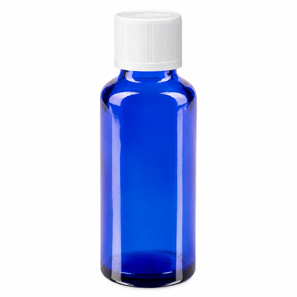 Flacon à pharmacie bleu 30ml bouchon anti-goutte blanc séc. enf. std Flacon en verre bleu de 30 ml, de type pharmacie, muni d'un bouchon de sécurité blanc pour enfants et d'un compte-gouttes de 1,2 mm