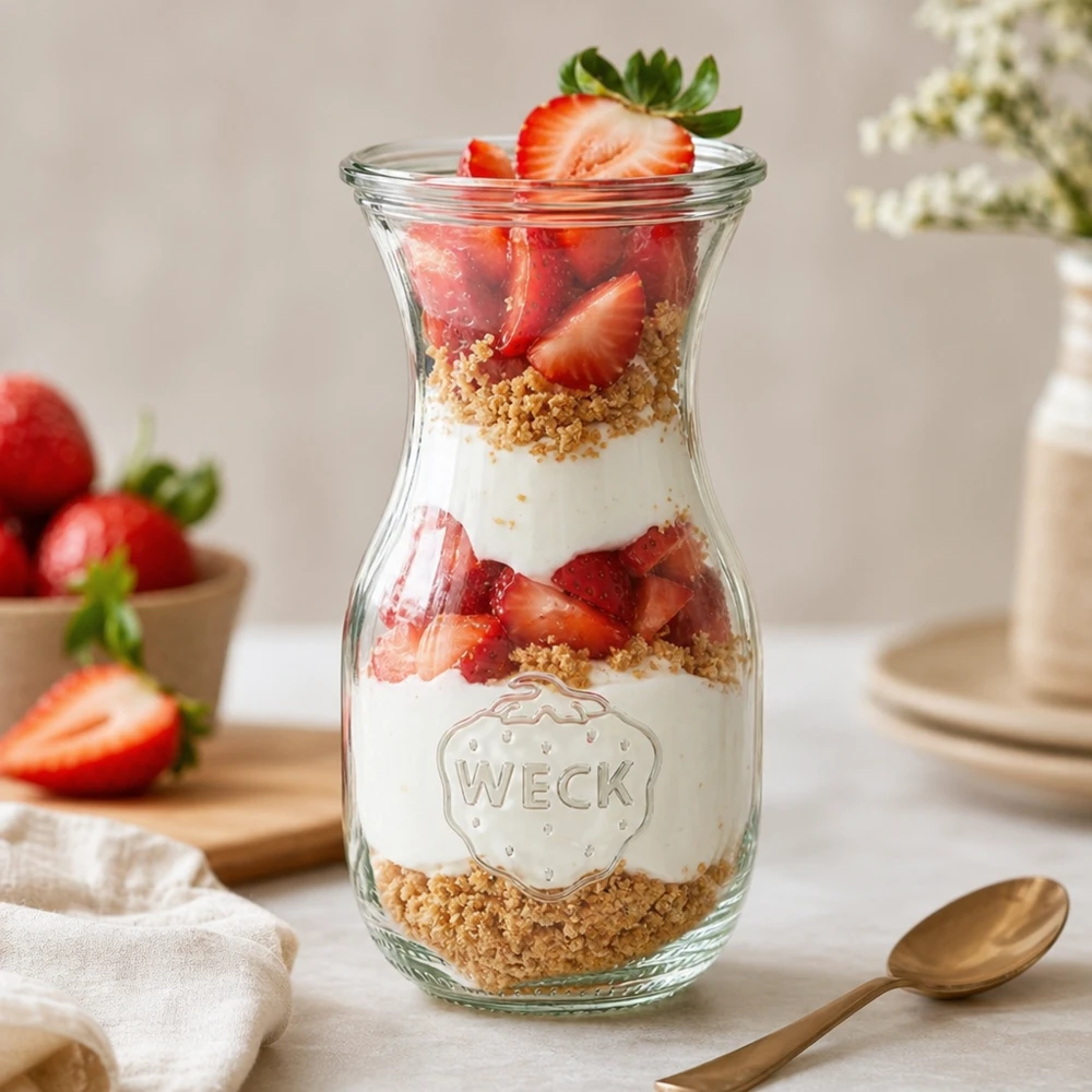 Bouteille à jus de 290 ml avec couvercle en verre WECK RR60 WECK Bouteille de jus 290ml RR60 comme verre à dessert avec des fraises, du yaourt et des miettes de biscuits en couches sur une table blanche