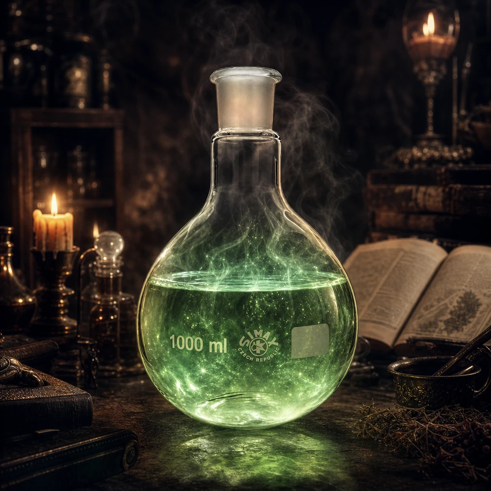 Verrerie de laboratoire Ballon vertical 1000ml avec liquide vert fluorescent et verre rodé 29/32