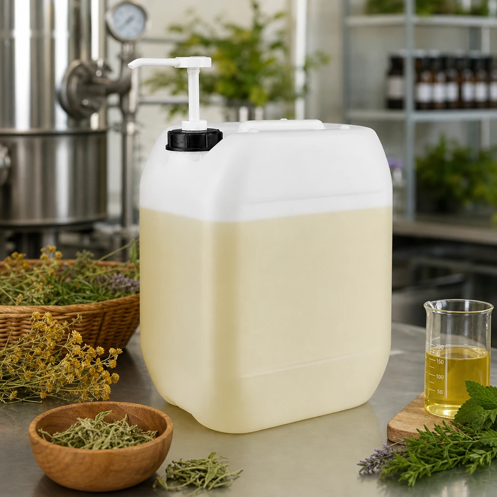 Bidon de 10 litres de couleur crème avec pompe doseuse, destiné aux cosmétiques naturels et aux extraits végétaux