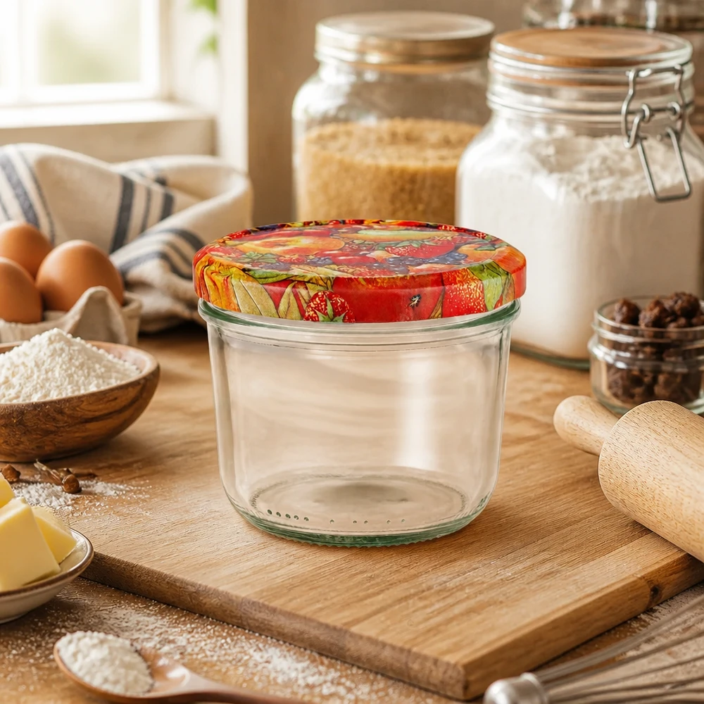 Bocal vide de 230 ml avec couvercle BasicSeal à décor de fruits dans la cuisine, sur une planche en bois, à côté des ingrédients de cuisson et des bocaux à provisions.