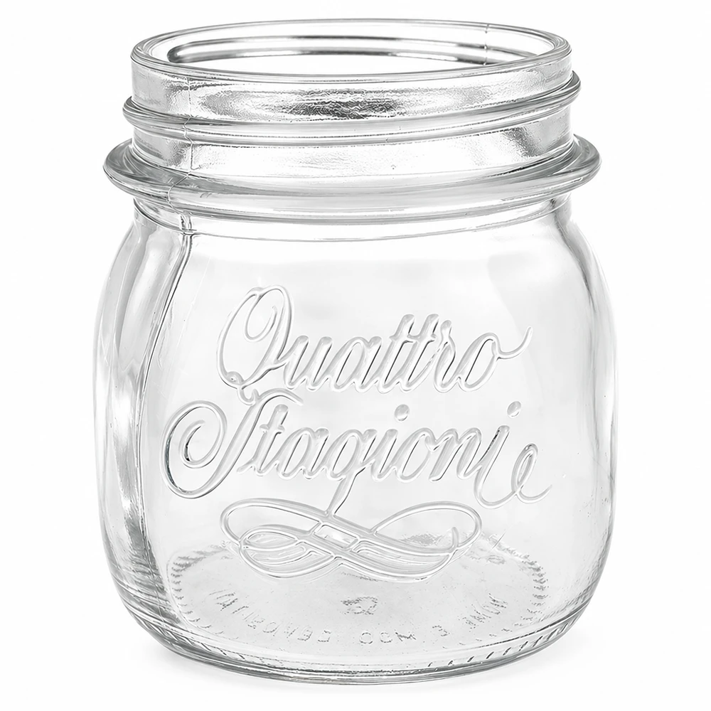 250ml Verre rond "Quattro Stagioni" QS70mm 250ml Quattro Stagioni Pot de conservation en verre transparent avec logo en relief sans couvercle pour la conservation et le stockage