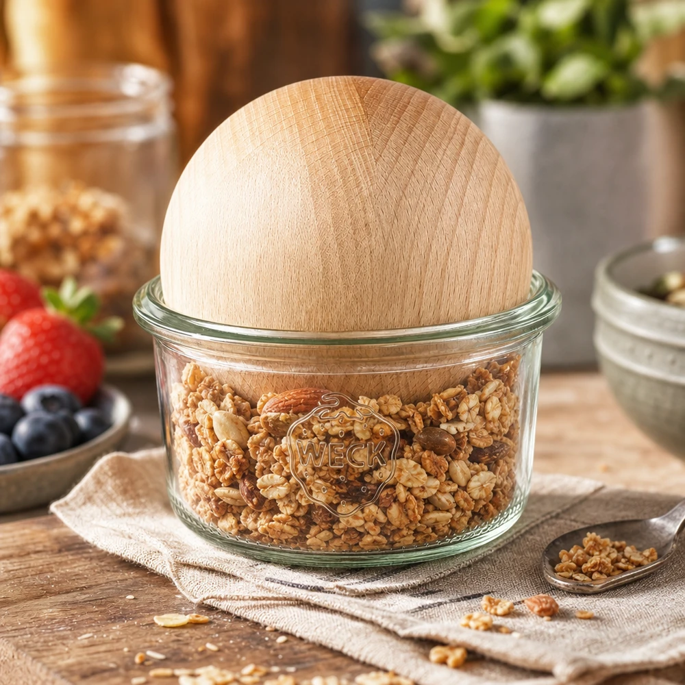 165ml bocal conique WECK RR80 avec boule en bois en hêtre WECK Pot renversé 165ml RR80 rempli de noix et couvercle en forme de boule de hêtre comme récipient de stockage dans la cuisine