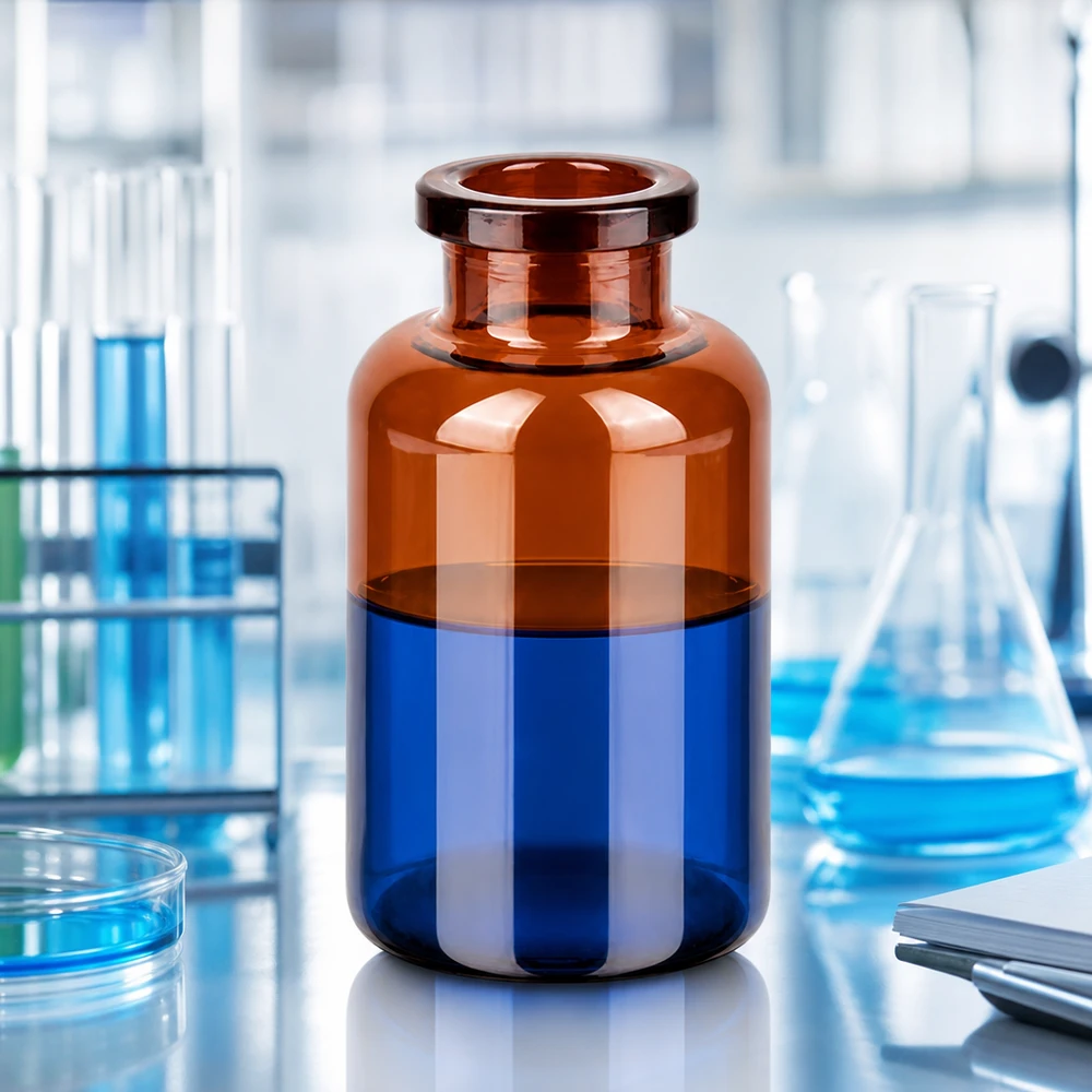 Flacon pour solution injectable, 20 ml en verre ambré Kompakte Braunglas Injektionsflasche 20ml mit weitem Hals auf Labortisch