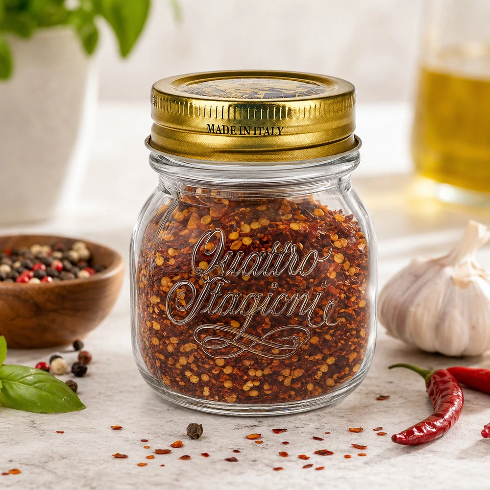 Verre rond 150ml « Quattro Stagioni » avec couvercle Pot rond Quattro Stagioni de 150 ml avec couvercle doré rempli de mélange d'épices au piment Made in Italy