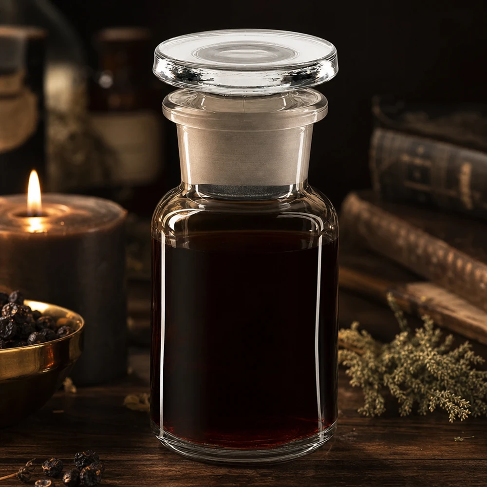 Flacon de pharmacie vintage de 50 ml à col large, contenant un liquide rouge foncé et muni d'un bouchon en verre, à la lueur d'une bougie