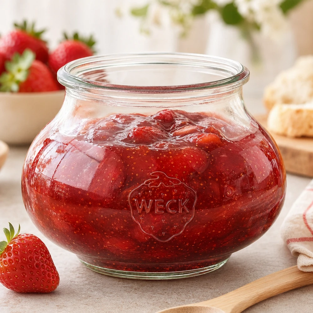 Bocal décoratif WECK RR80 de 560 ml WECK Pot à bijoux RR80 560ml avec confiture de fraises maison et cuillère en bois sur plan de travail de cuisine