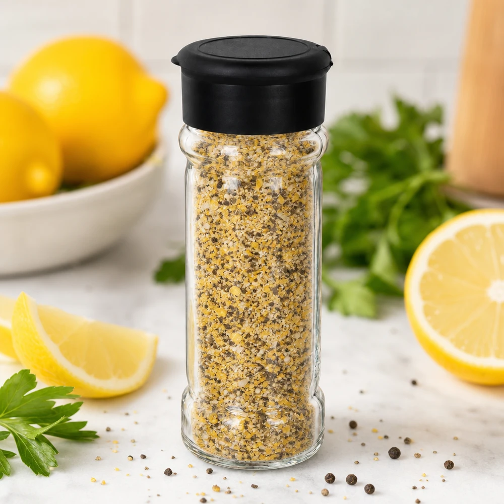 Pot à sel/épices 100 ml avec saupoudreuse, noir Pot à épices au poivre citronné de 100 ml avec sa saupoudreuse noire, entouré de citrons frais et de persil