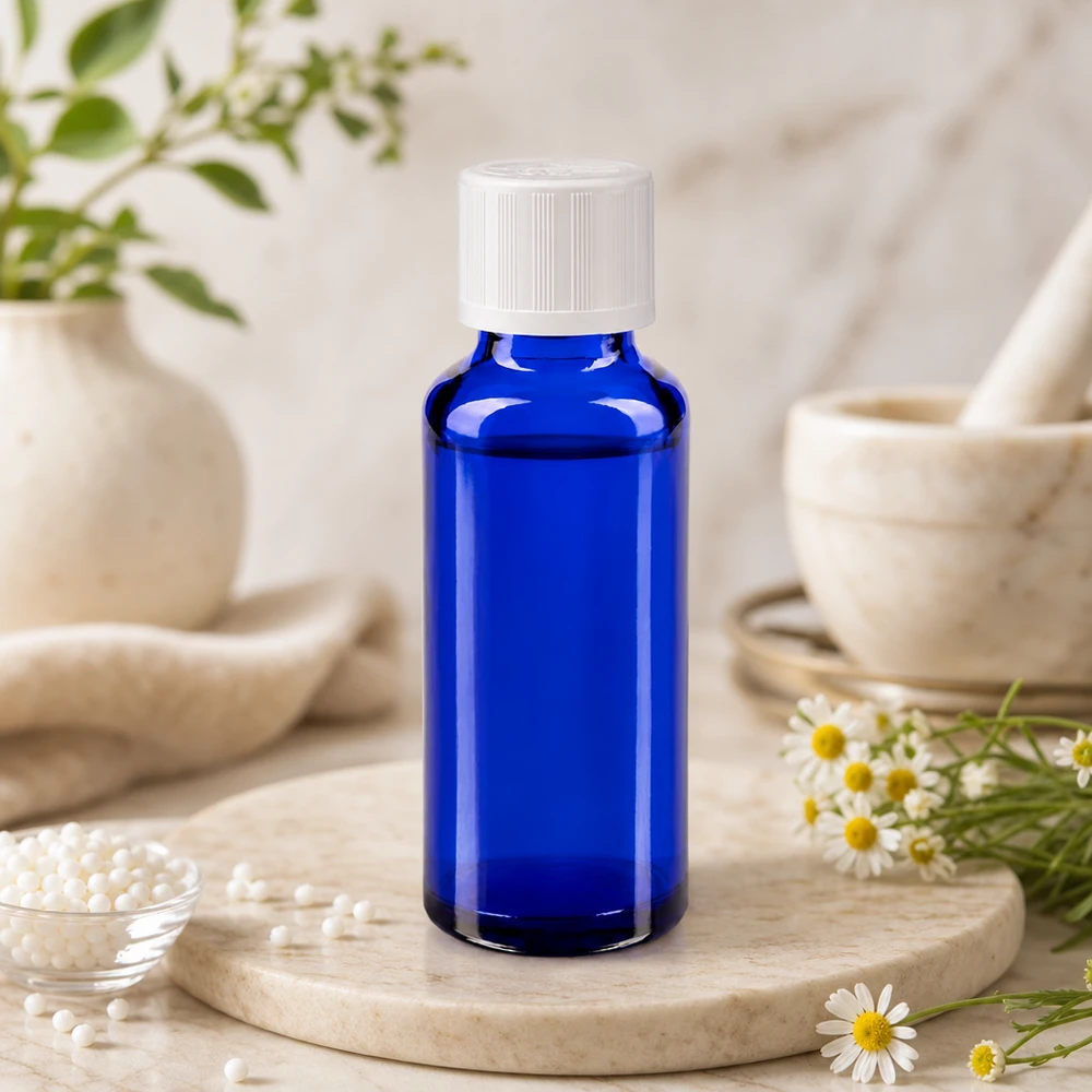 Flacon à pharmacie bleu 30ml bouchon vissable blanc sécurité enfant Flacon de pharmacie de 30 ml en verre bleu avec un bouchon KiSi blanc, entre des fleurs de camomille et un mortier