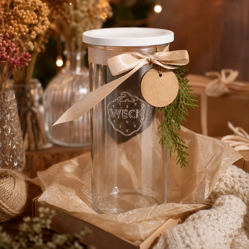 WECK Verre plongeant 1500ml RR100 décoré pour Noël avec pendentif en forme de ruban et branche de sapin comme idée de cadeau