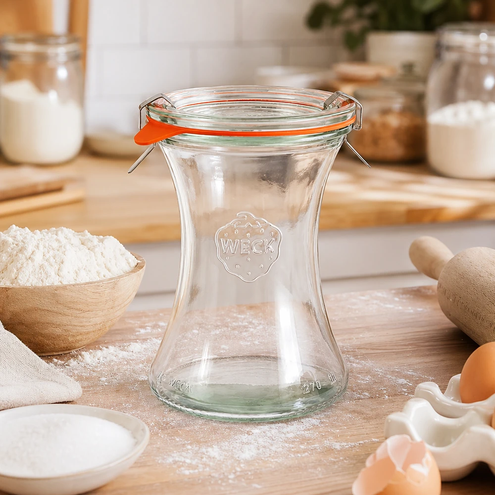 WECK Pot à délicatesse 370ml RR80 vide dans Cuisine avec ingrédients de boulangerie Farine Oeufs Ustensiles en bois Ambiance cuisine