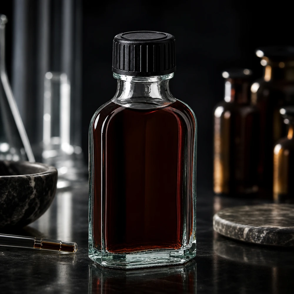 Flasque transparente de 50 ml au goulot DIN 22, avec bouchon à vis DIN 22 noir et joint LKD Flacon en verre Meplat de 50 ml contenant un liquide brun foncé et muni d'un bouchon à vis noir, dans un laboratoire