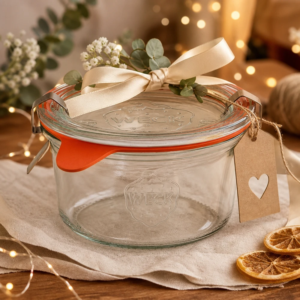 165ml bocal conique complet WECK RR80 WECK Verre renversé 165ml RR80 comme cadeau décoré avec un ruban, un pendentif et des fleurs sur une table de fête