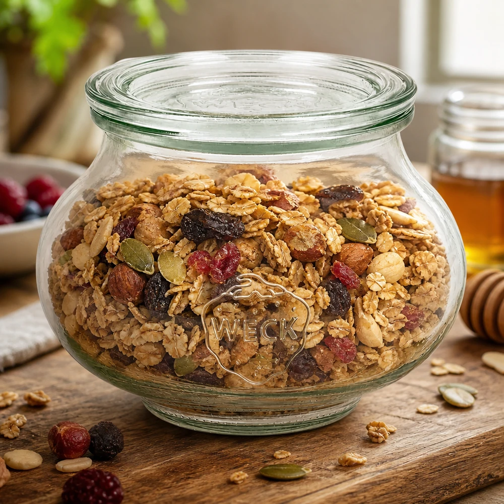Bocal décoratif de 560 ml avec couvercle en verre WECK RR80 WECK Pot à bijoux 560ml RR80 avec muesli maison noix fruits secs comme boîte à provisions sur table en bois