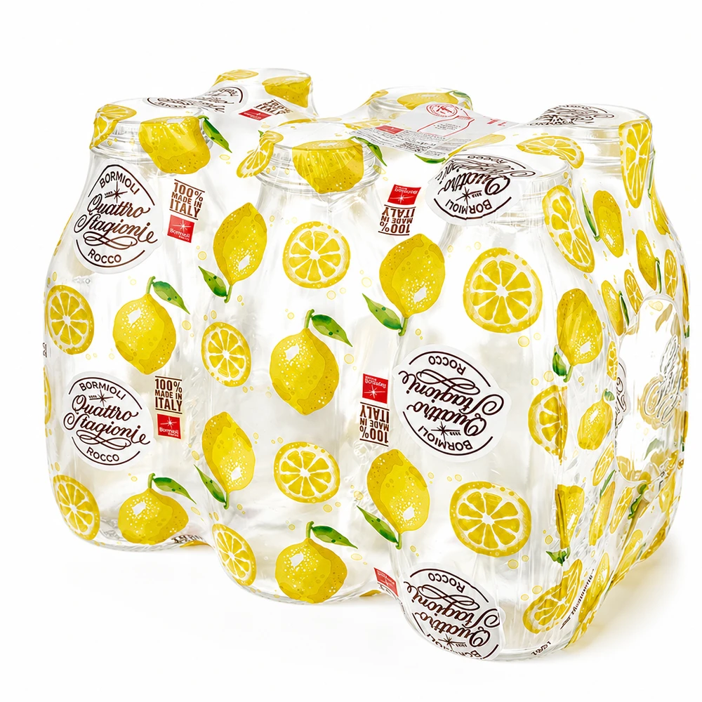 Pack de 6 bouteilles en verre Quattro Stagioni 1000ml emballées sous film plastique, bouteilles de lait Bormioli Rocco avec motif de citron
