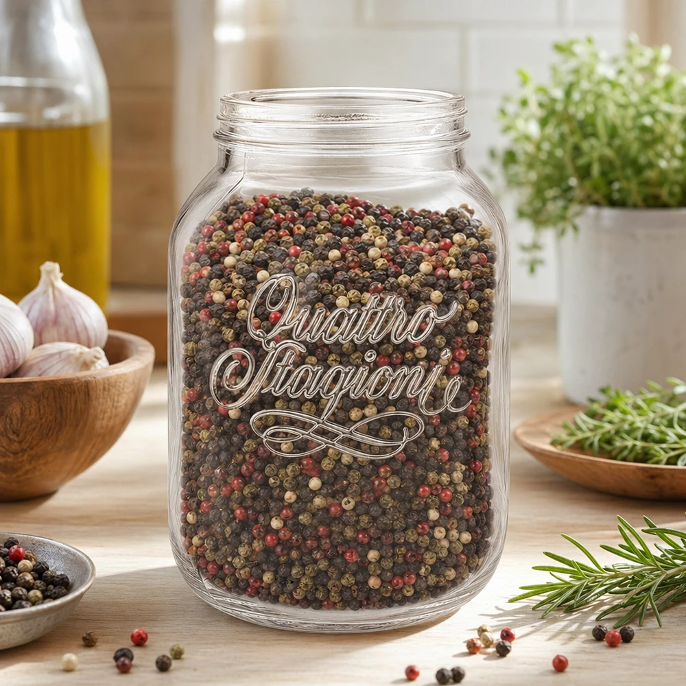 3000ml Verre rond "Quattro Stagioni" QS110mm 3000ml bocal ménager Quattro Stagioni rempli de grains de poivre multicolores dans une cuisine moderne avec des herbes et des épices
