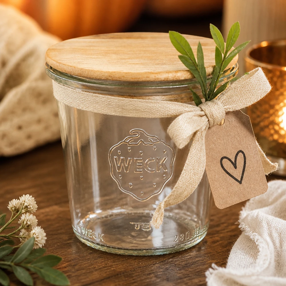 290ml bocal conique haut WECK RR80 avec couvercle en bois WECK Pot renversé 290ml RR80 avec couvercle en bambou et étiquette cadeau comme décoration avec des herbes et un ruban en tissu