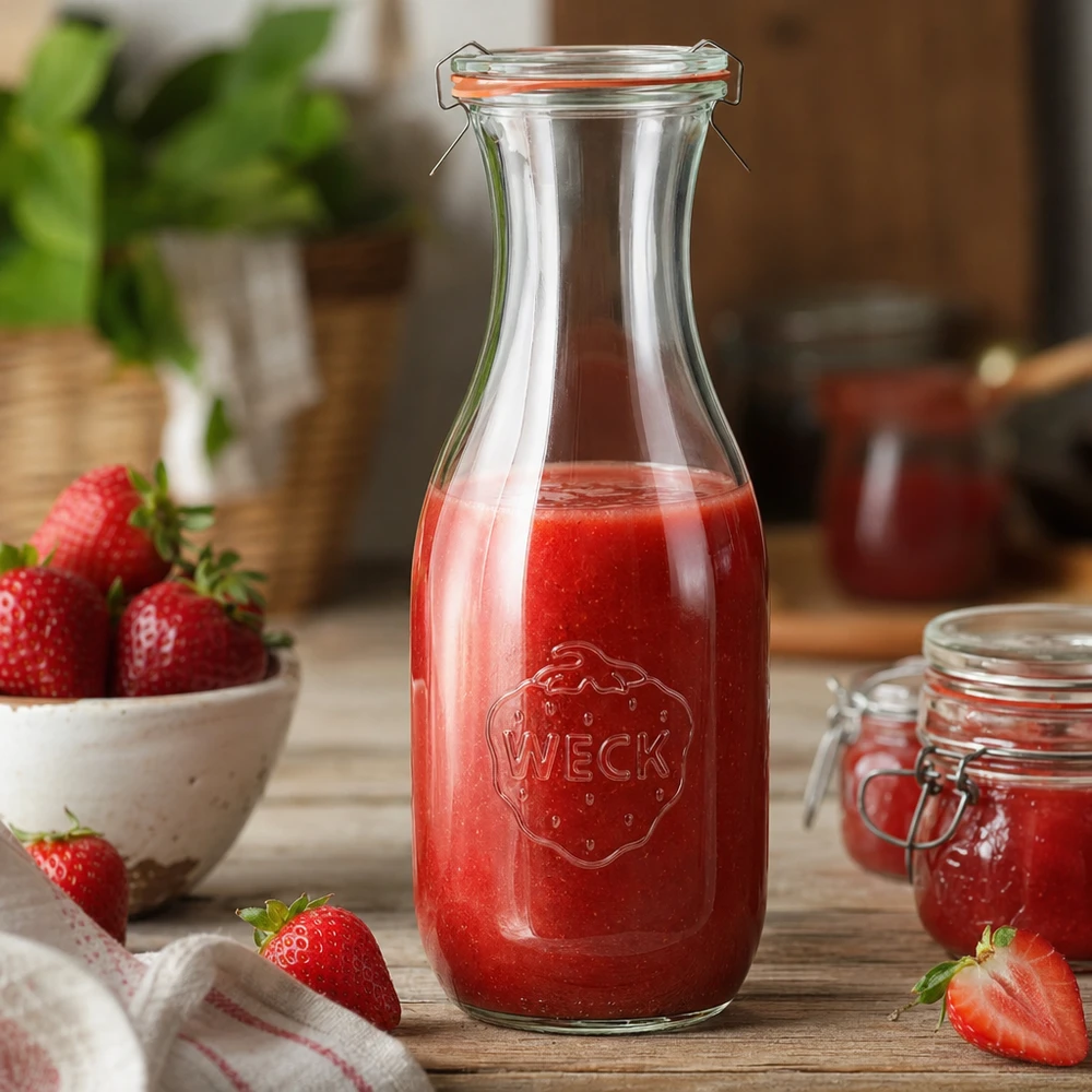 WECK Bouteille de jus 1062ml RR60 remplie de jus de fraise rouge dans la cuisine avec des fraises fraîches arrangées de manière décorative