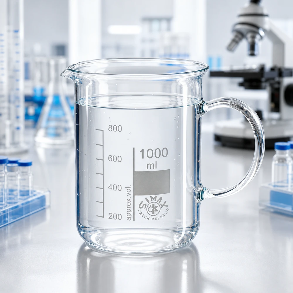 Bécher en verre transparent de 1 000 ml muni d'une anse, rempli d'eau, posé sur un plan de travail blanc de laboratoire