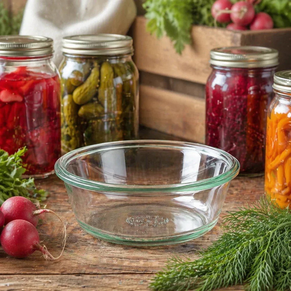 Bocal en verre gourmet WECK RR120 de 300 ml WECK RR120 Verre gourmet 300ml dans une cuisine rustique avec des bocaux et des légumes frais comme prise de vue de style de vie