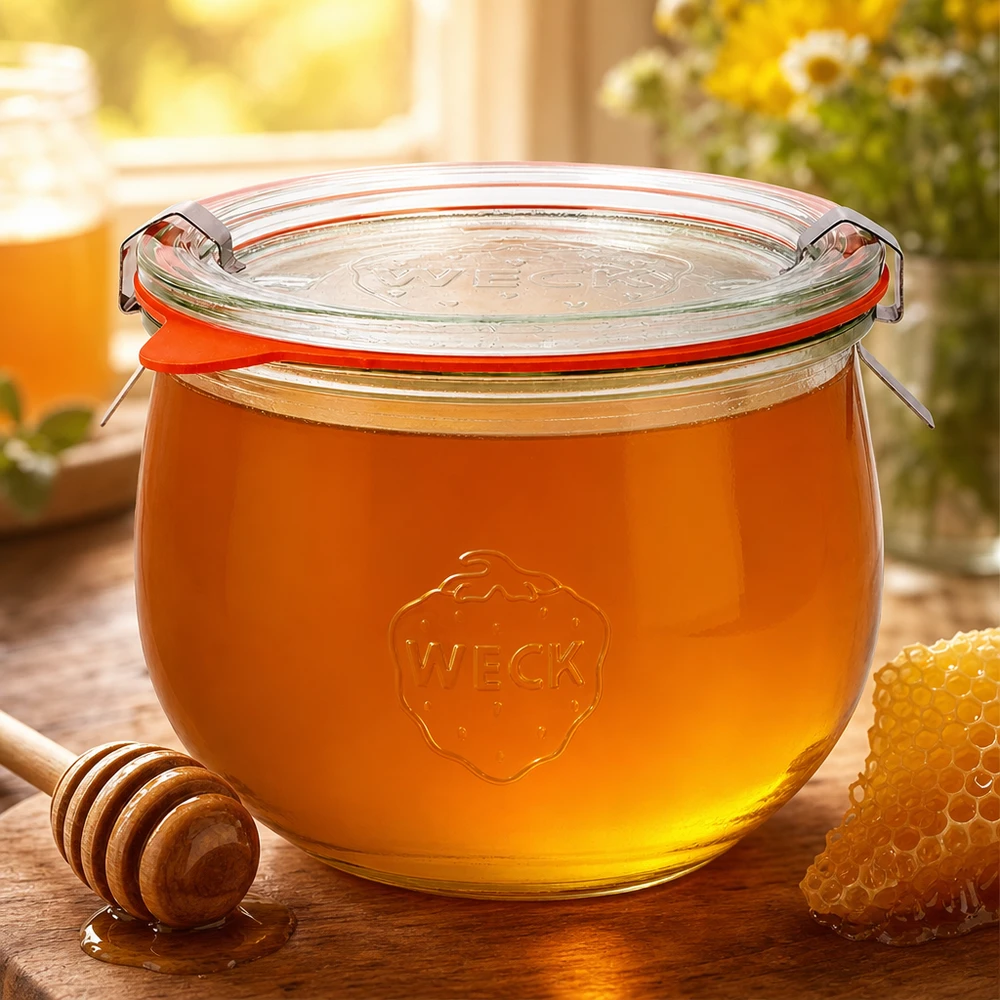 580ml bocal tulipe complet WECK RR100 WECK Pot tulipe 580ml RR100 rempli de miel doré à côté de la cuillère à miel et du nid d'abeille comme réserve naturelle de sucre