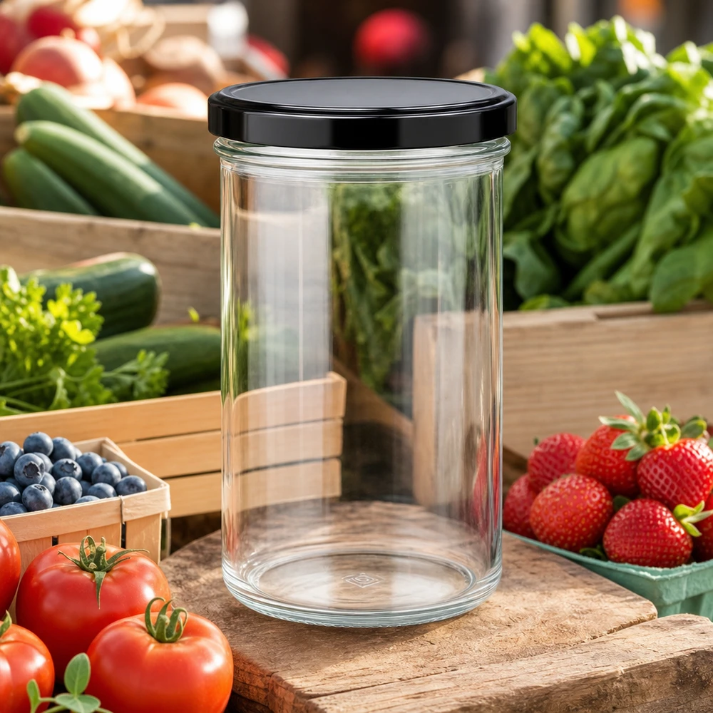 230ml Verre conique avec couvercle BasicSeal noir UNiTWIST 277ml bocal vide transparent avec couvercle noir entouré de fruits et légumes frais Conservation