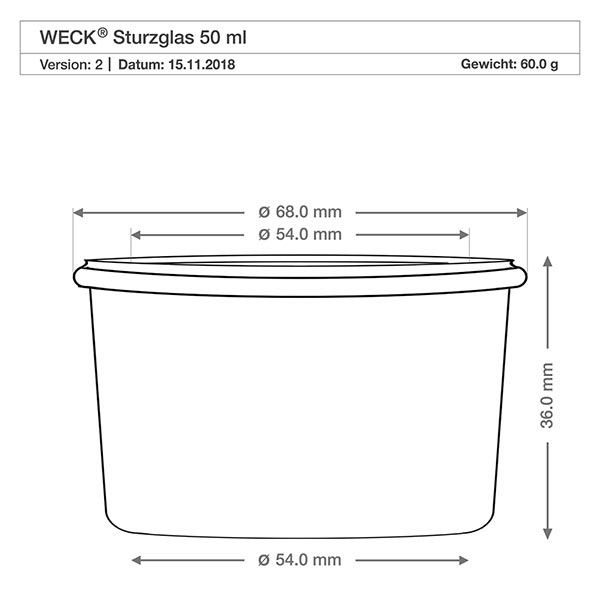 50ml bocal conique avec bouchon en verre WECK RR60 WECK Pot renversé 50ml RR60 dessin technique avec dimensions - diamètre 68mm, hauteur 36mm pour bocaux à conserves