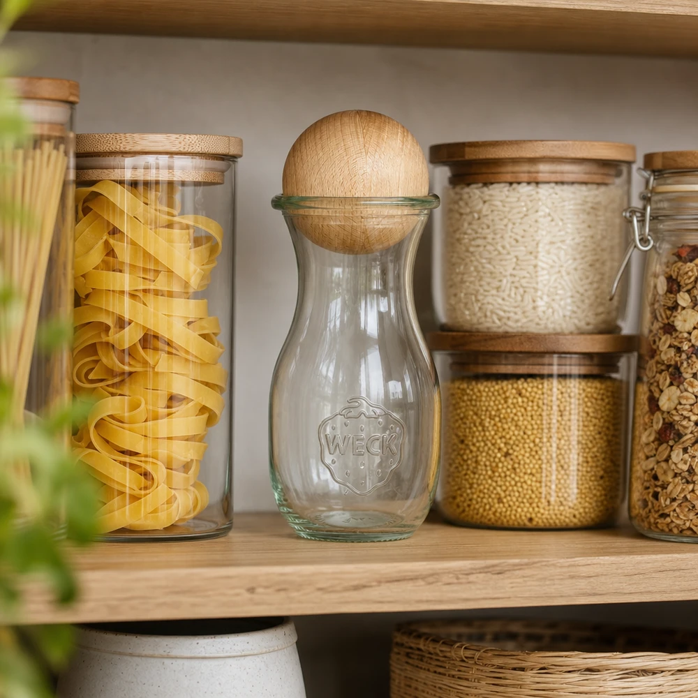 WECK Bouteille en verre 290ml RR60 avec boule en hêtre dans un garde-manger organisé entre les pots de pâtes et les récipients de stockage