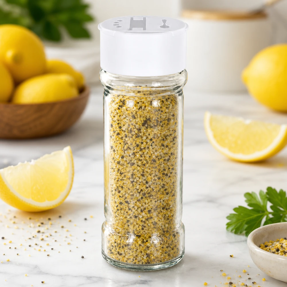 Pot à épices de 100 ml muni d'un double saupoudreur blanc, rempli de poivre au citron, à côté de citrons frais