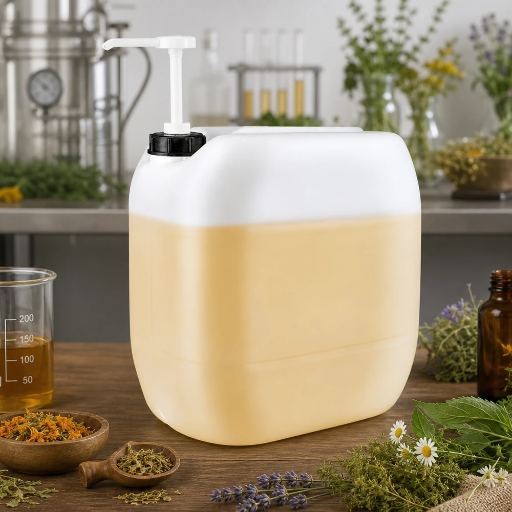 Jerrican de 30 litres avec pompe doseuse Bidon semi-transparent de 30 litres contenant un liquide de couleur crème et muni d'une pompe doseuse blanche