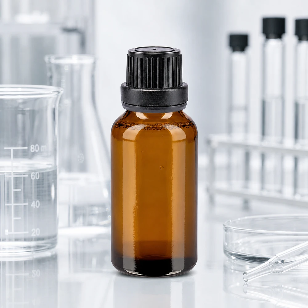 Flacon de pharmacie de 20 ml en verre ambré avec bouchon compte-gouttes noir de 11 mm, destiné aux laboratoires et à la pharmacie