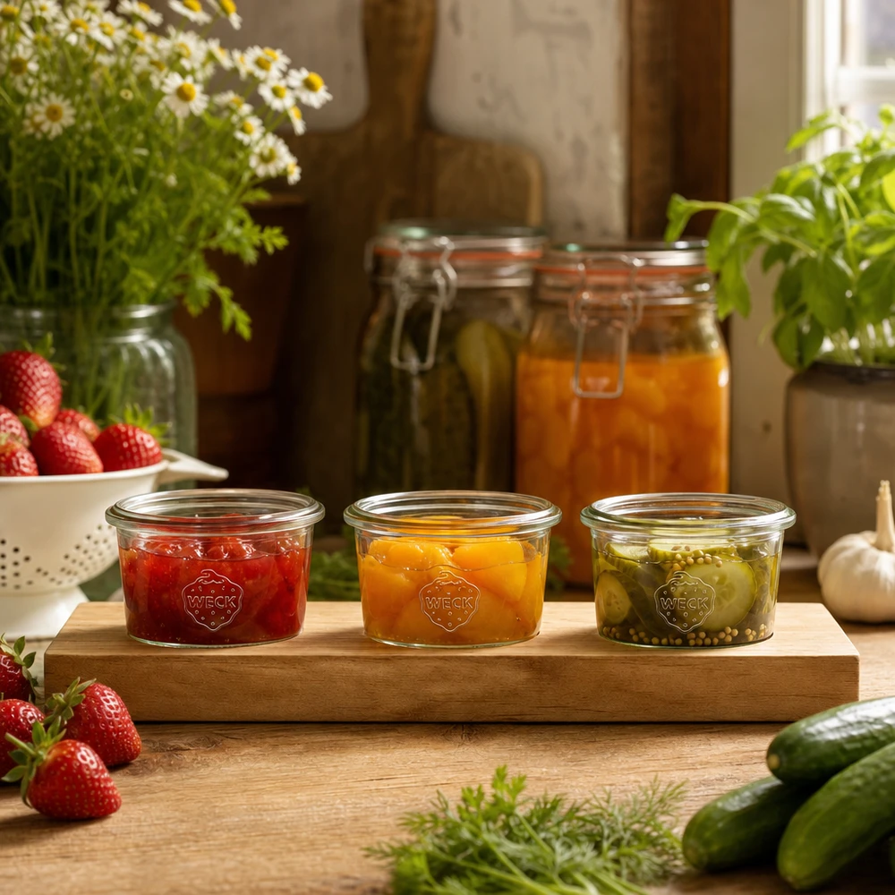 Weck pots renversés 80ml avec confitures et cornichons colorés sur planche à servir en bois dans une cuisine rustique