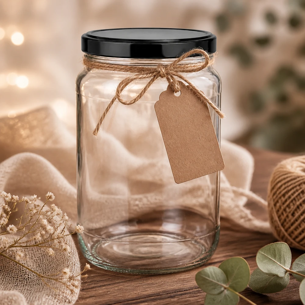 1700ml Verre rond avec couvercle BasicSeal noir UNiTWIST Bocal rond vide 1700ml Couvercle noir BasicSeal Cordon de raphia Pendentif en papier kraft Emballage cadeau Décoration