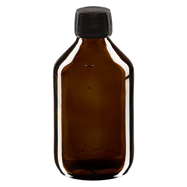 Flacon médical 250 ml couleur ambrée avec bouchon noir Flacon médical 250 ml couleur ambrée avec bouchon noir