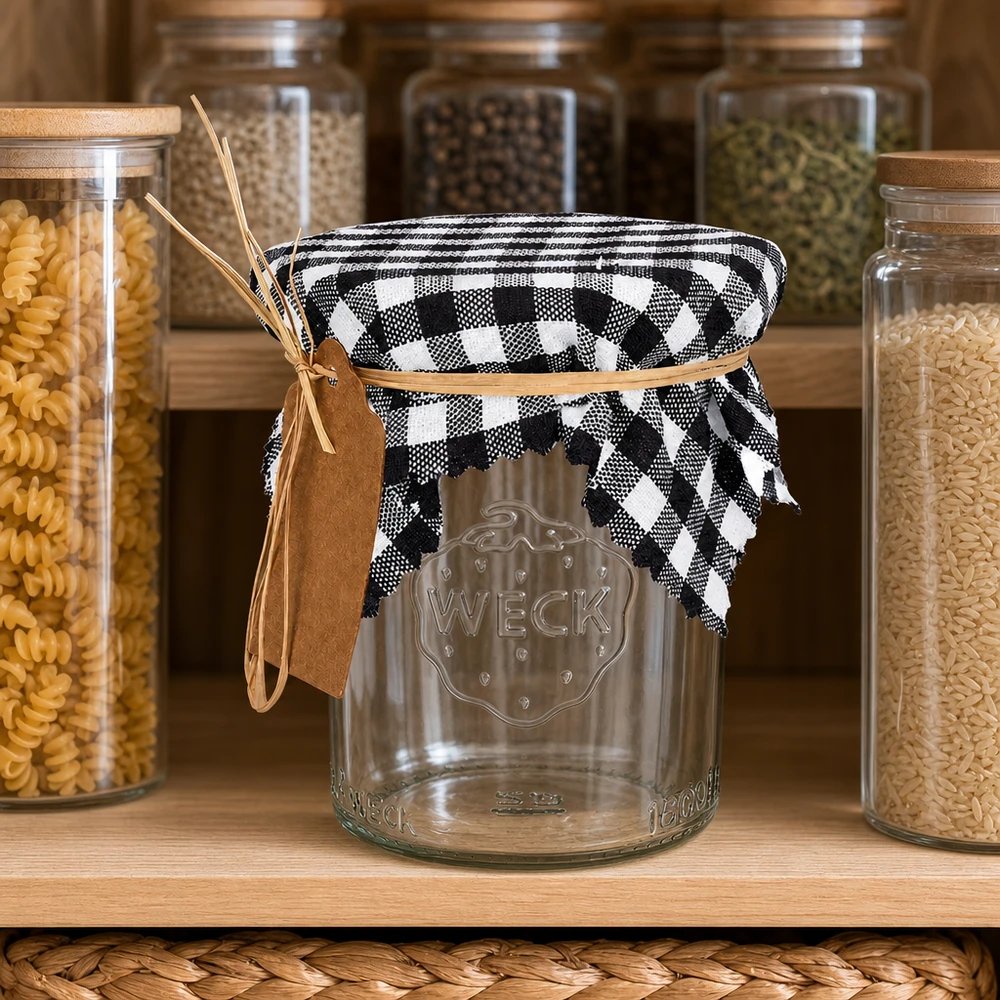 Couvercle décoratif à carreaux noir et blanc 12cm sur un bocal à provisions entre des récipients de pâtes, décoration de cuisine style maison de campagne