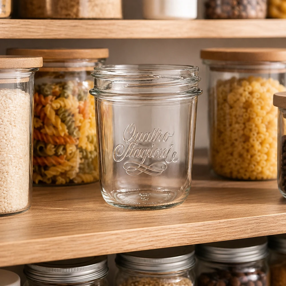 320ml Quattro Stagioni Sturzglas mit elegantem Logo auf Holzregal zwischen gefüllten Vorratsgläsern für Küche und Pantry