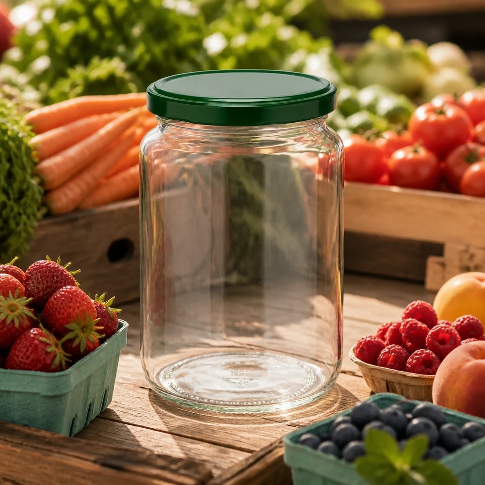 795ml Verre rond avec couvercle BasicSeal vert UNiTWIST Bocal rond vide de 795 ml UNiTWIST avec couvercle vert entouré de baies fraîches, de fruits et de légumes sur fond en bois