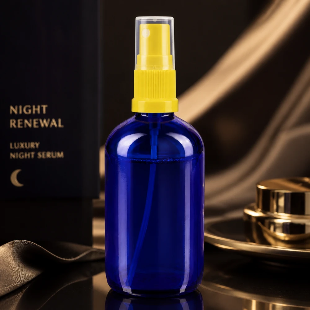 Flacon pulvérisateur en verre d'apothicaire bleu de 100 ml avec pompe jaune, destiné aux sérums et aux produits cosmétiques