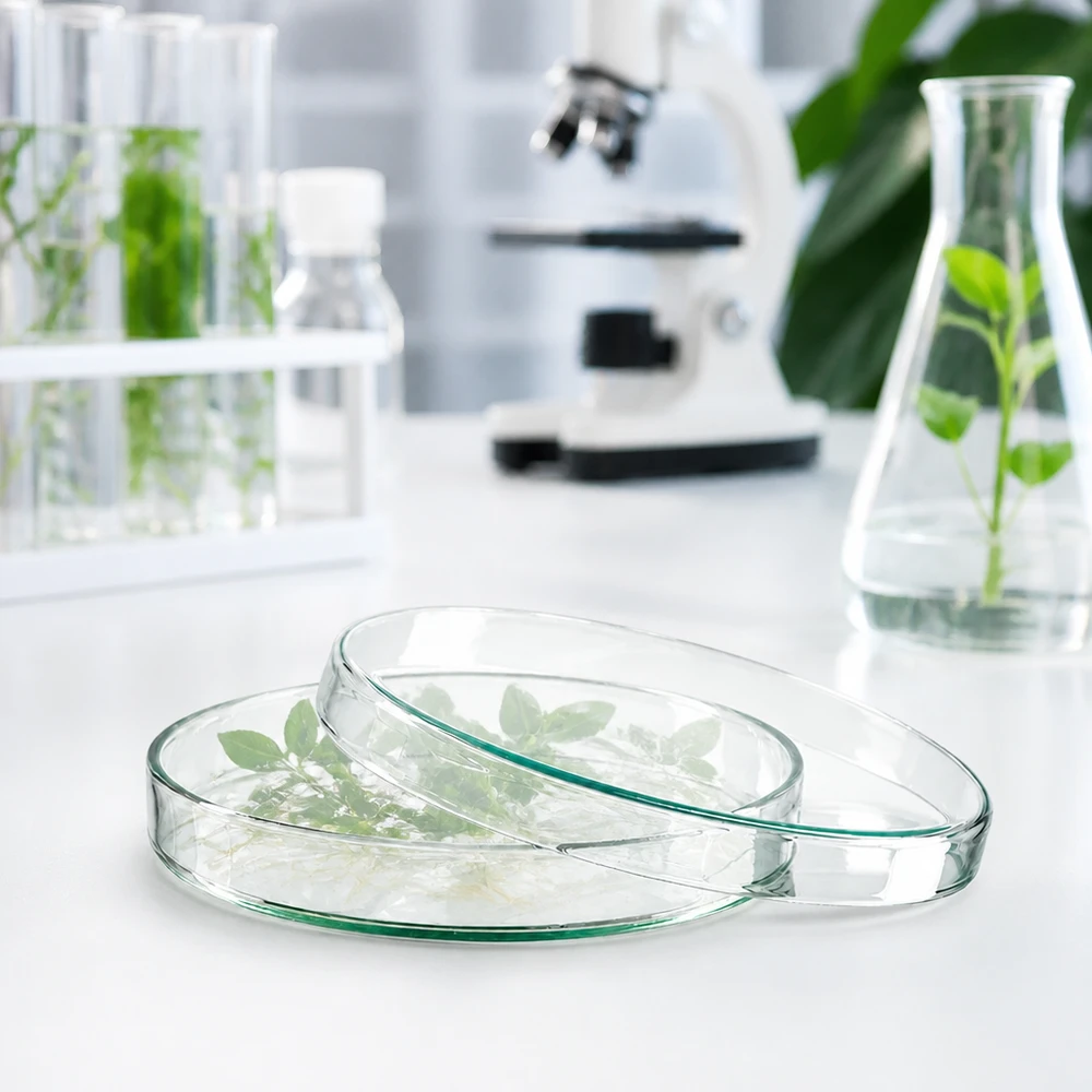 Boîte de Petri en verre 120x20 mm Boîte de Pétri en verre transparent de 120 x 20 mm contenant des pousses de plantes vertes, posée sur une paillasse de laboratoire blanche