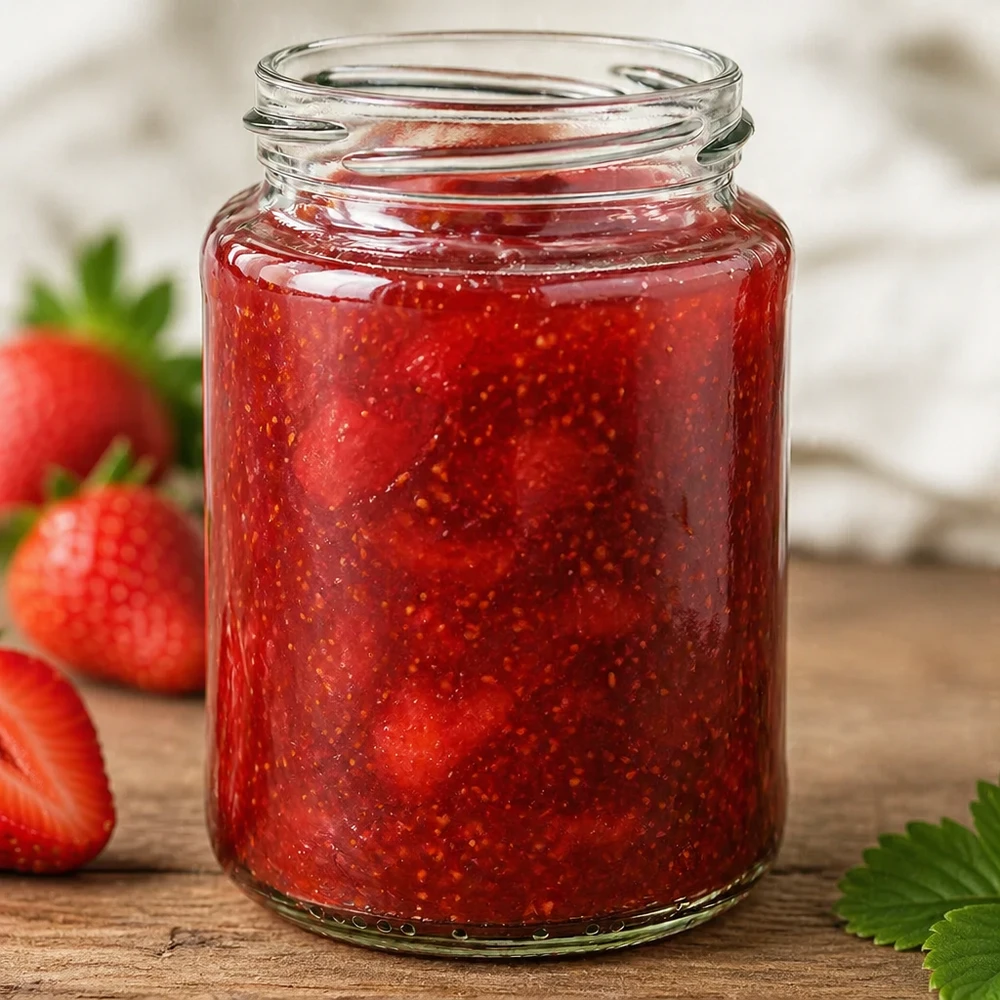 382ml Verre rond sans couvercle (TO66) UNiTWIST Pot rond 382ml TO66 rempli de confiture de fraises rouges à côté de fraises fraîches sur une table en bois
