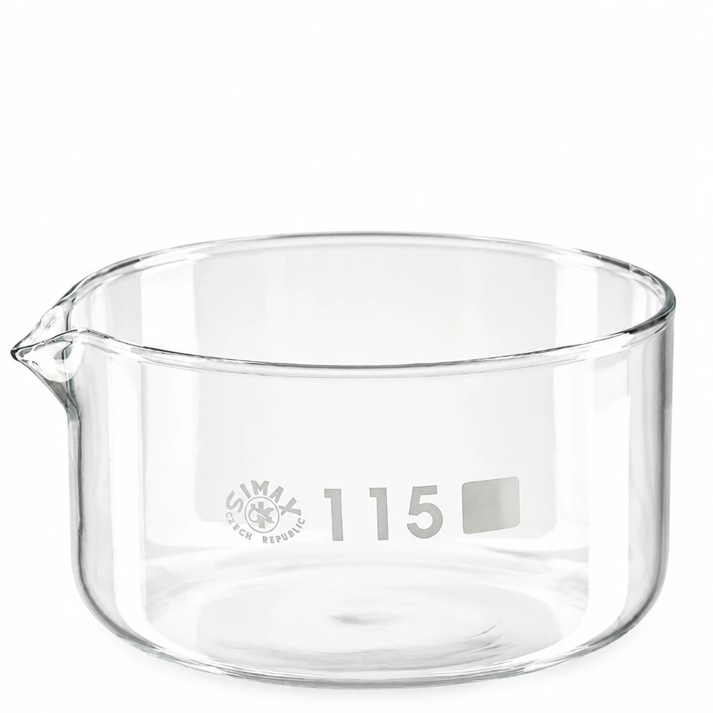Coupelle de cristallisation 500 ml avec bec verseur Bol de cristallisation de 500 ml en verre borosilicaté, avec bec verseur et fond plat, diamètre 115 mm