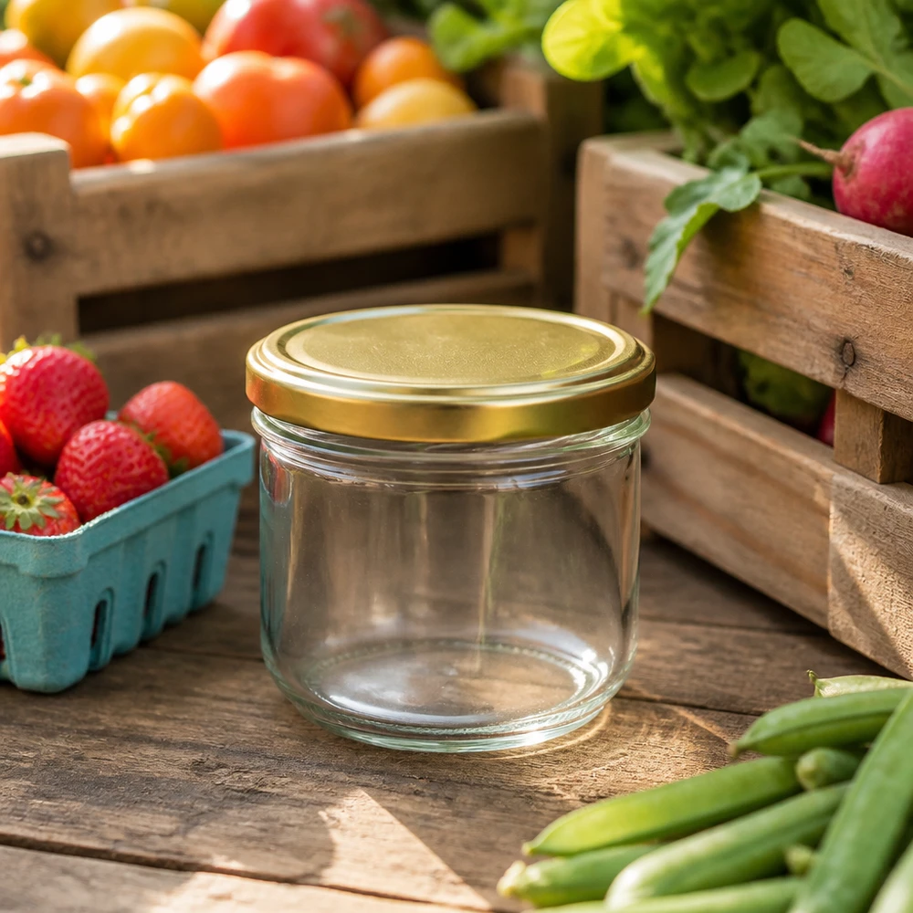 260ml Verre conique avec couvercle BasicSeal or UNiTWIST 260ml BasicSeal gold UNiTWIST entre les fruits et légumes frais montre l'aptitude pour les bocaux de conserve