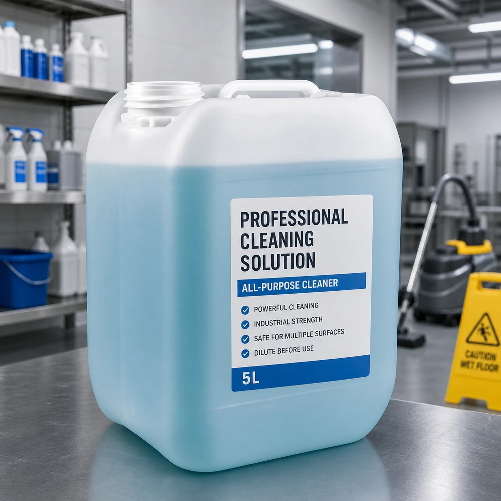 Jerrican de 5 litres sans bouchon Bidon bleu de 5 litres sans bouchon contenant une solution de nettoyage professionnelle, posé sur une table en acier inoxydable