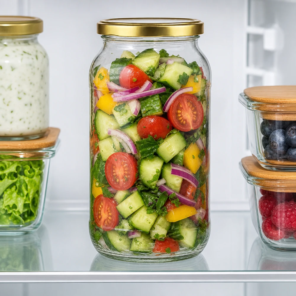 Pot rond de 1062ml avec couvercle doré BasicSeal rempli de salade de légumes frais à conserver au réfrigérateur