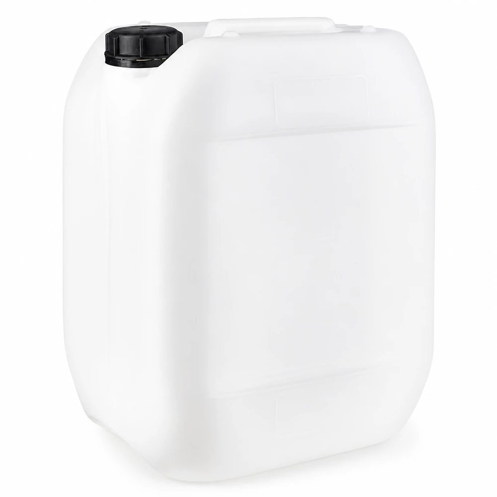 Bidon en plastique blanc de 10 litres, muni d'un bouchon à vis noir et d'une poignée de transport